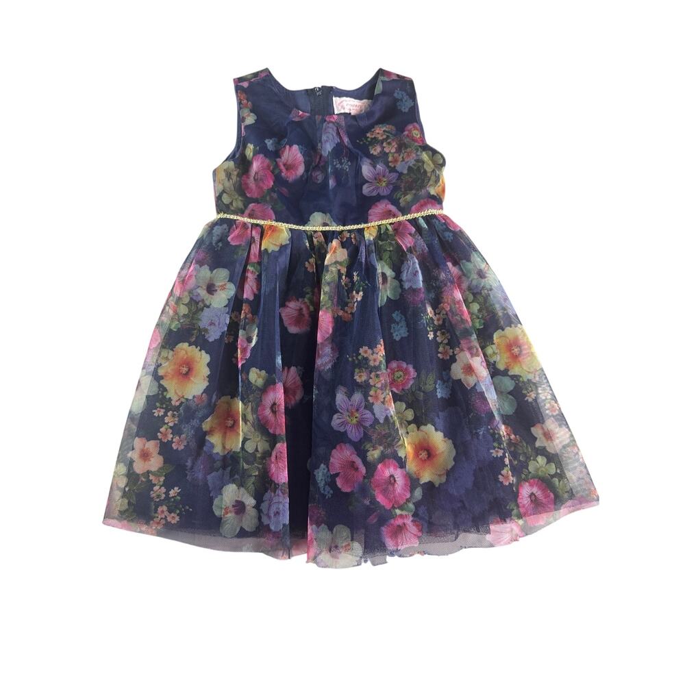 Popatu Girls Dress 3T Navy Floral Mesh Tulle Party Wedding Easter Flower Girl